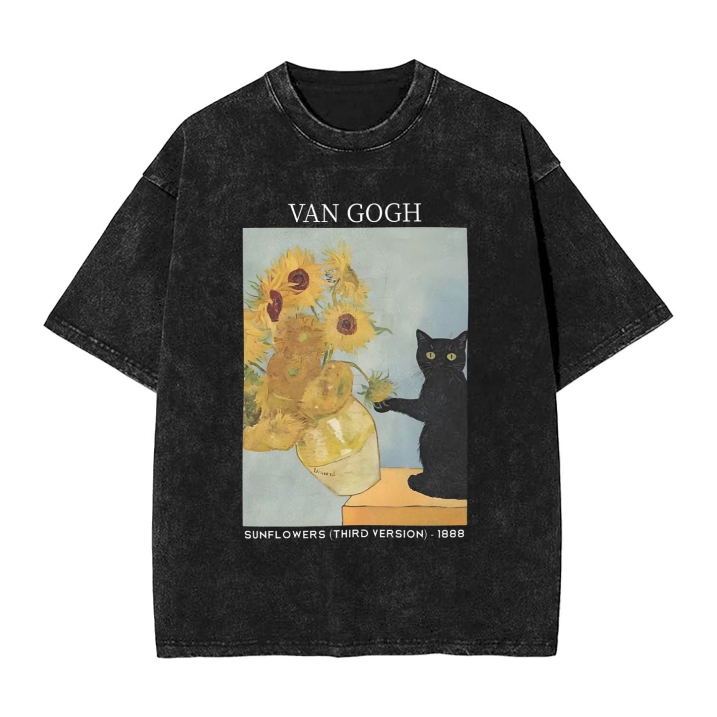 Osaka Lion Sunflowers With Black Cat Washed T-Shirt