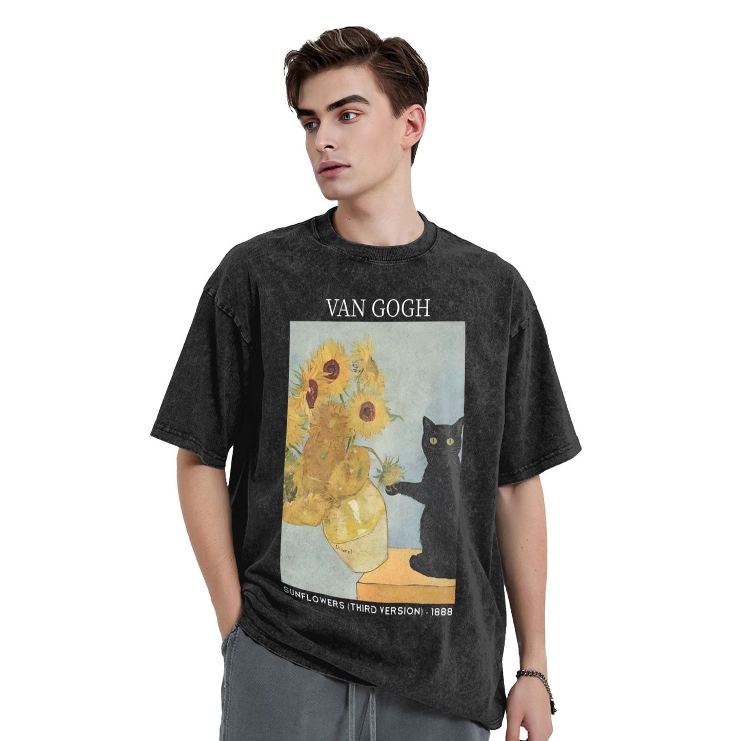 Osaka Lion Sunflowers With Black Cat Washed T-Shirt