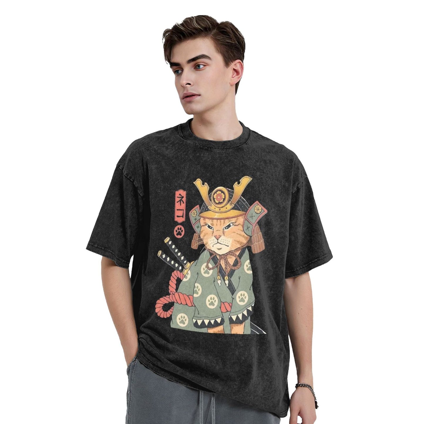 Osaka Lion Cat Samurai Washed T-Shirt