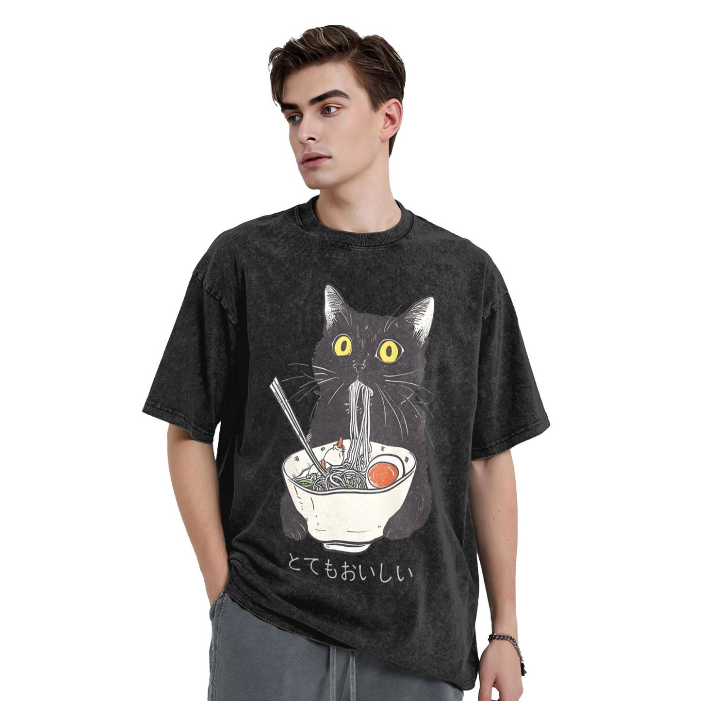 Osaka Lion Cats Eat Ramen Noodles Washed T-Shirt