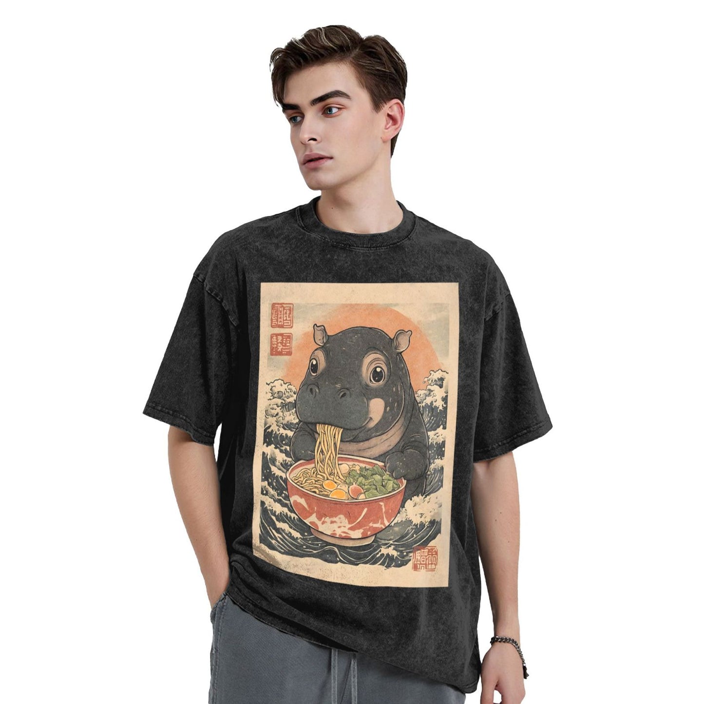 Osaka Lion Moo Deng Eat Ramen Washed T-Shirt