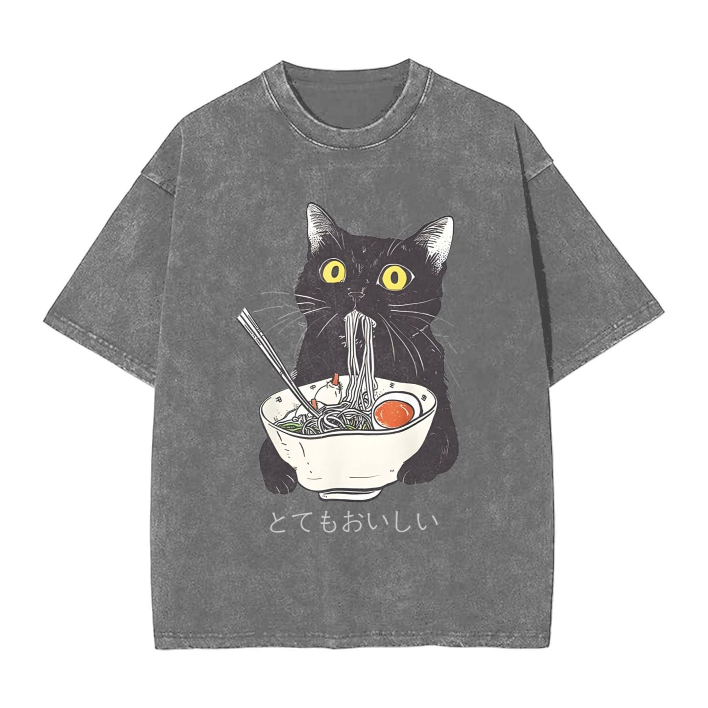 Osaka Lion Cats Eat Ramen Noodles Washed T-Shirt