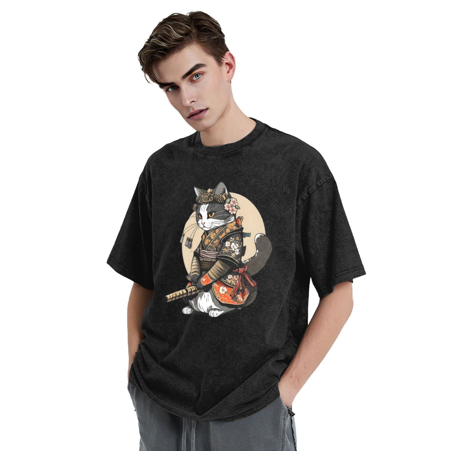 Osaka Lion Beautiful Cat Samurai Washed T-Shirt