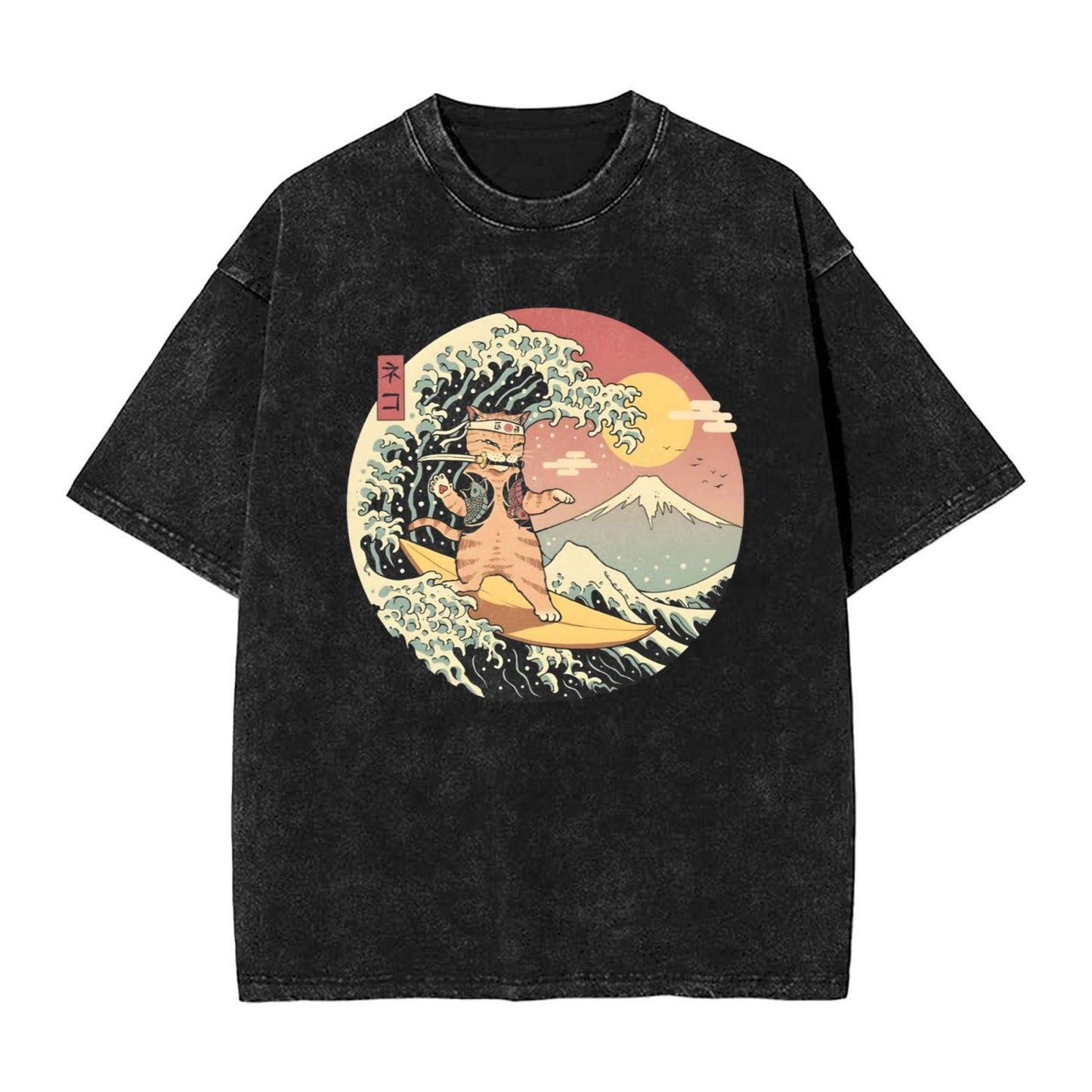 Osaka Lion Great Wave And Cat Washed T-Shirt