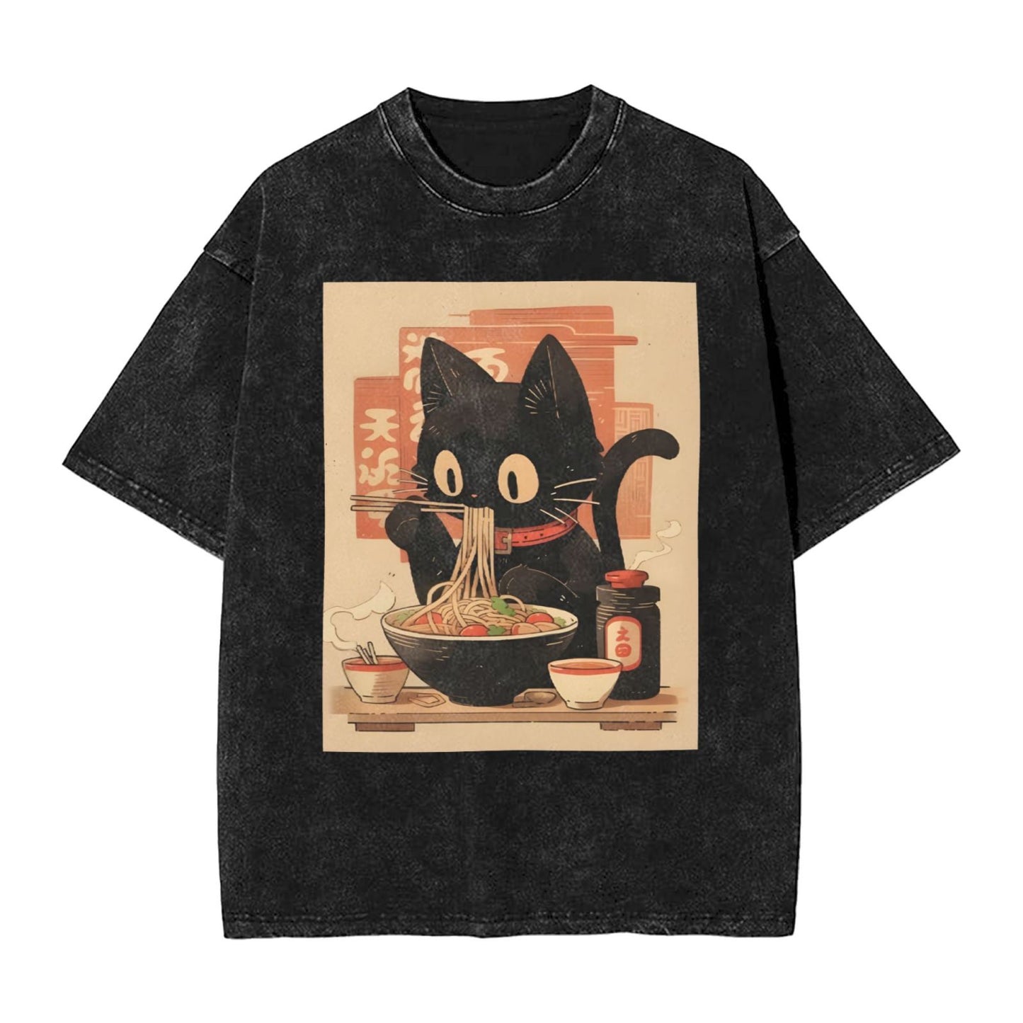 Osaka Lion Eat Ramen Cat Second Washed T-Shirt