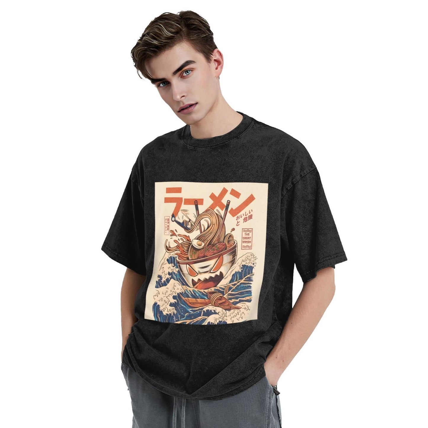 Osaka Lion Ramen Kaiju With Great Wave Washed T-Shirt