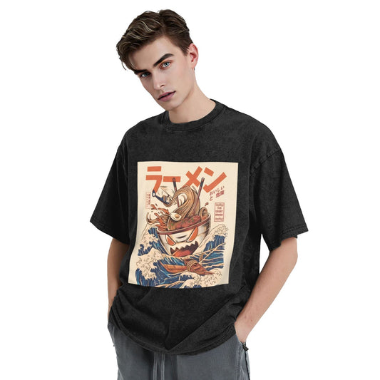 Osaka Lion Ramen Kaiju With Great Wave Washed T-Shirt