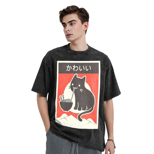 Osaka Lion Cute Cat Eat Ramen Washed T-Shirt
