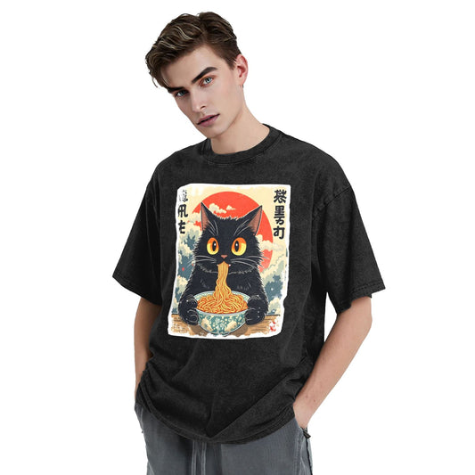 Osaka Lion Eat Ramen Cat Fourth Washed T-Shirt