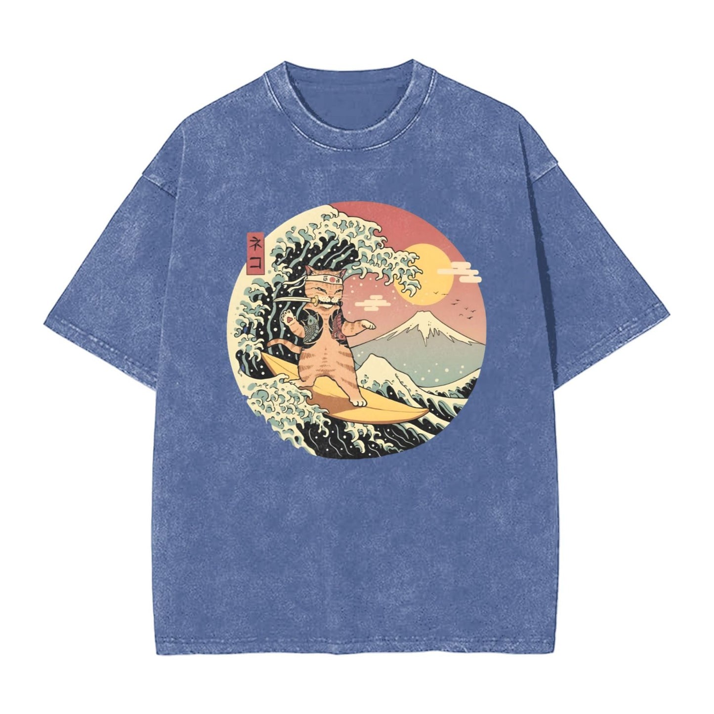 Osaka Lion Great Wave And Cat Washed T-Shirt