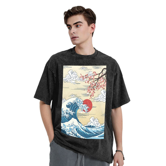 Osaka Lion Kanagawa Waves And Flowers Washed T-Shirt