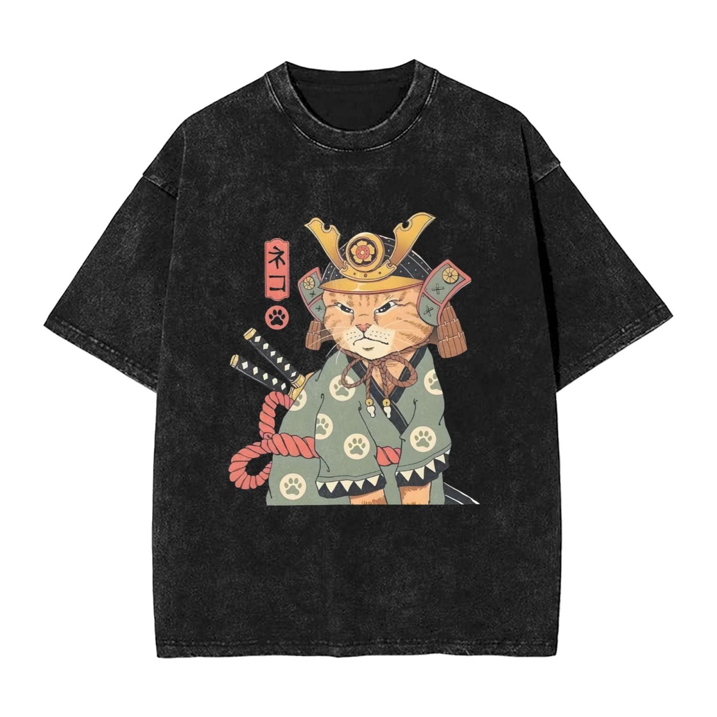 Osaka Lion Cat Samurai Washed T-Shirt
