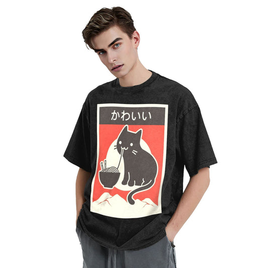 Osaka Lion Cute Cat Eat Ramen Washed T-Shirt