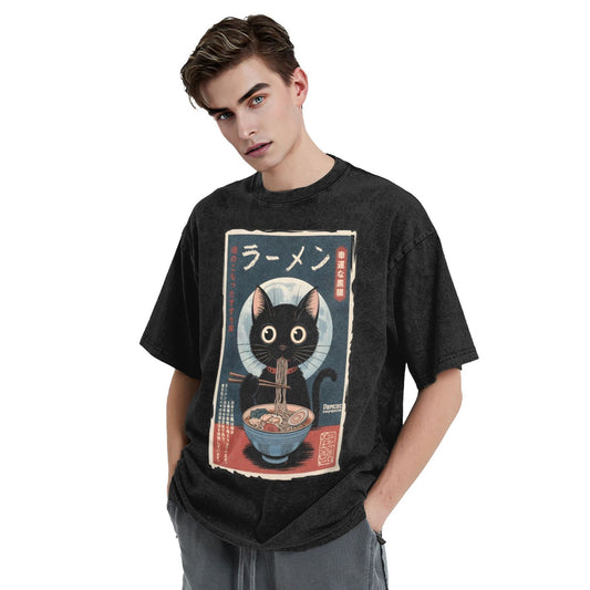 Osaka Lion Eat Ramen Cat Third Washed T-Shirt