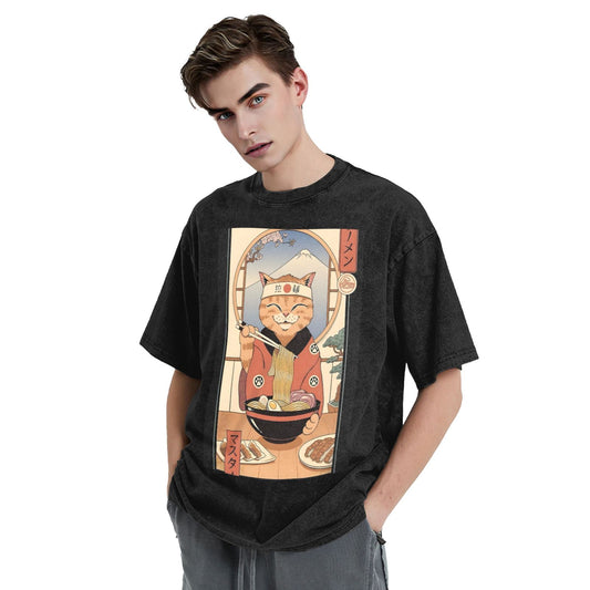 Osaka Lion Eat Ramen Cat Sixth Washed T-Shirt