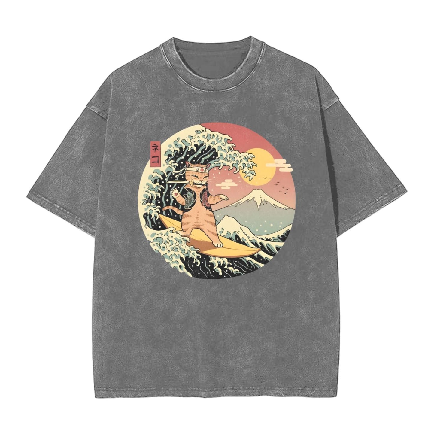 Osaka Lion Great Wave And Cat Washed T-Shirt