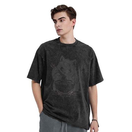 Osaka Lion Eat Ramen Cat Fifth Washed T-Shirt