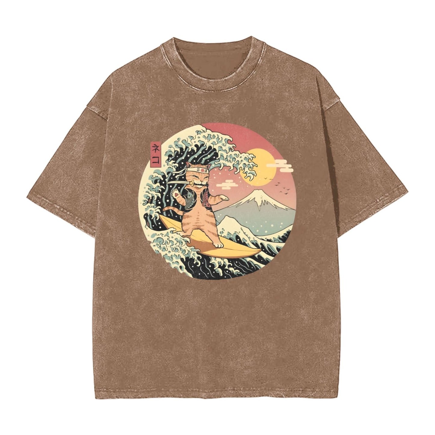 Osaka Lion Great Wave And Cat Washed T-Shirt