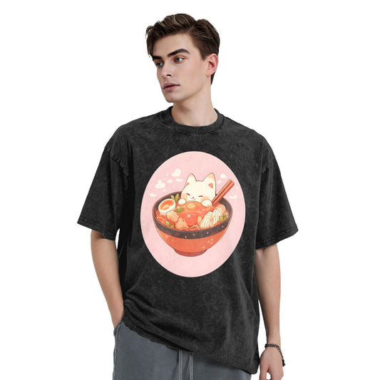 Osaka Lion Cat With Ramen Washed T-Shirt