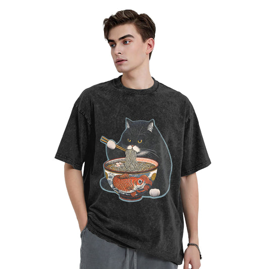 Osaka Lion Cat Eat Ramen Washed T-Shirt