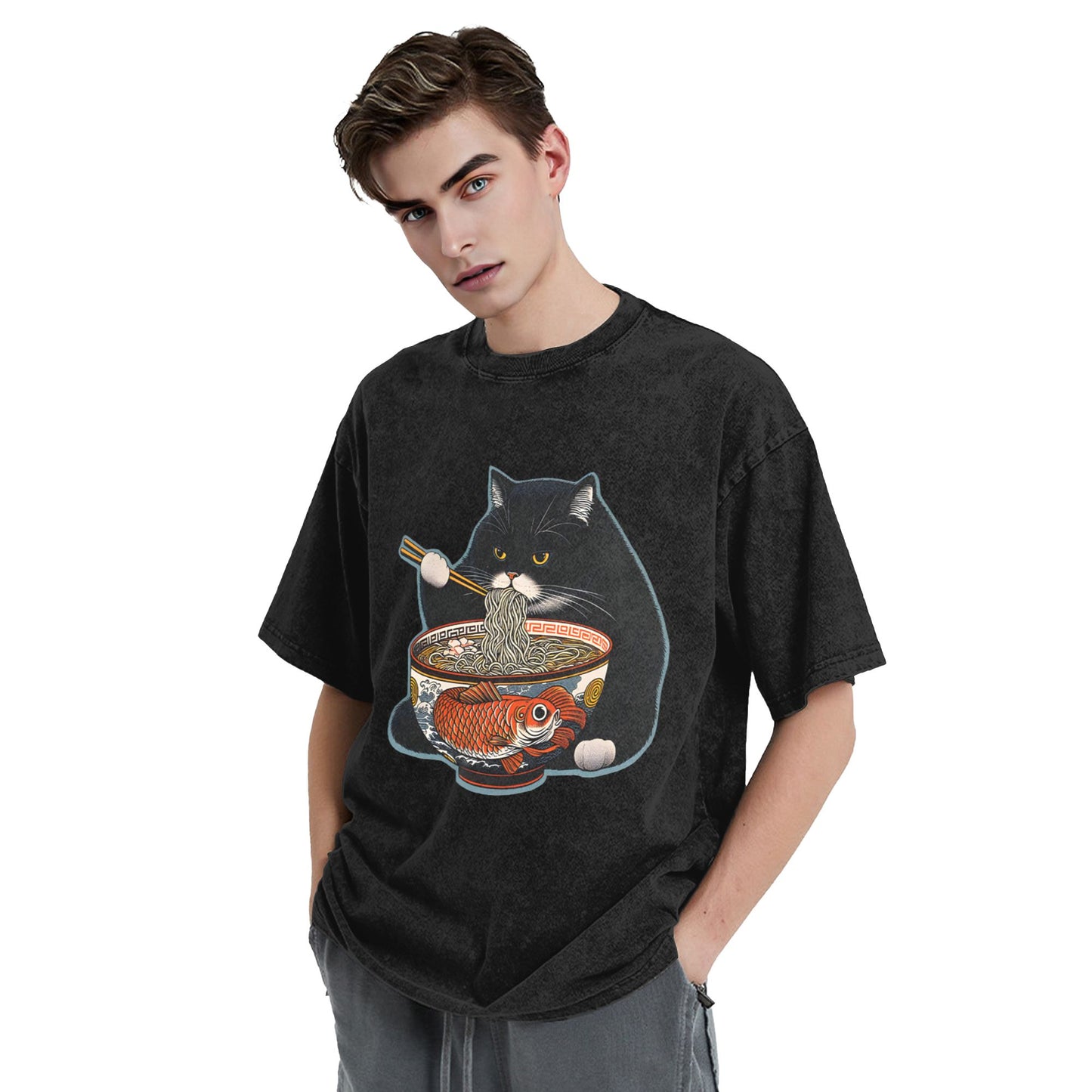 Osaka Lion Cat Eat Ramen Washed T-Shirt