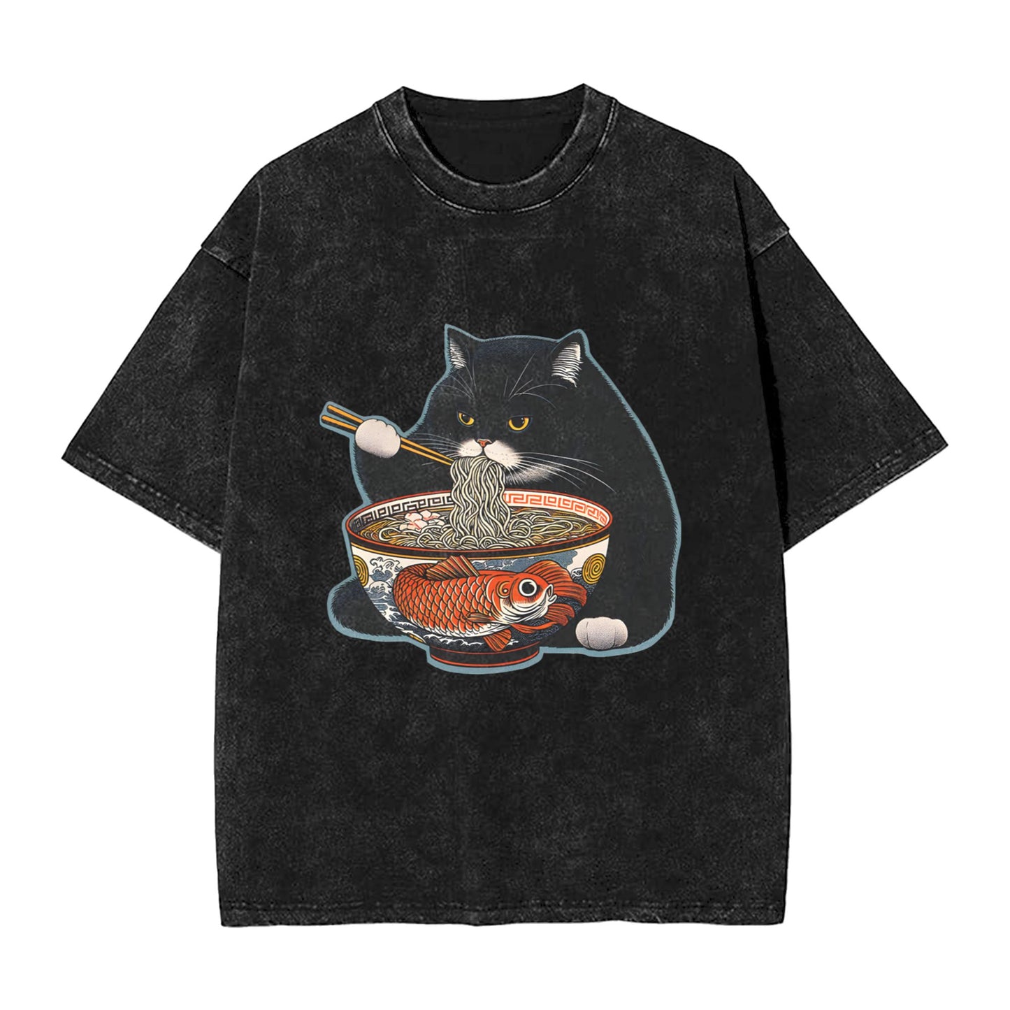 Osaka Lion Cat Eat Ramen Washed T-Shirt