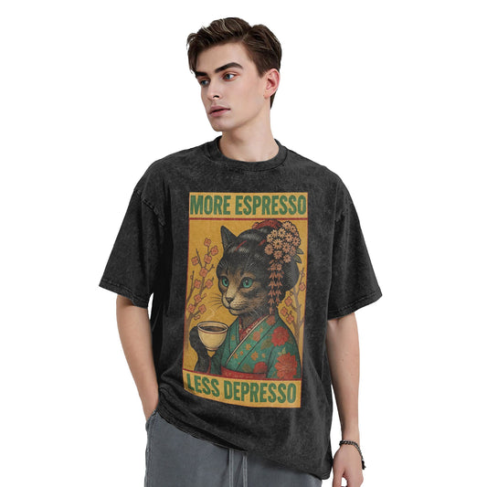 Osaka Lion Geisha Cat Drinking Coffee Washed T-Shirt