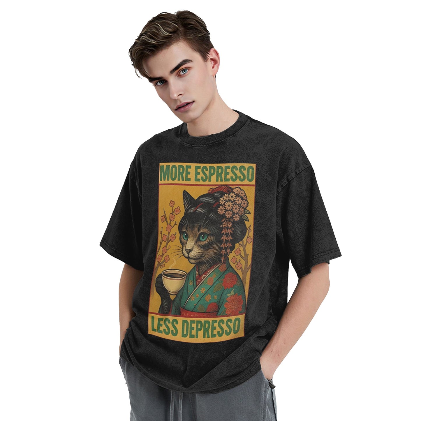 Osaka Lion Geisha Cat Drinking Coffee Washed T-Shirt