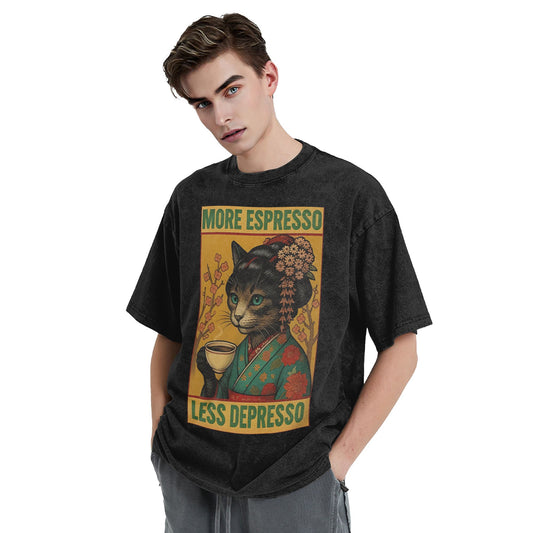 Osaka Lion Geisha Cat Drinking Coffee Washed T-Shirt