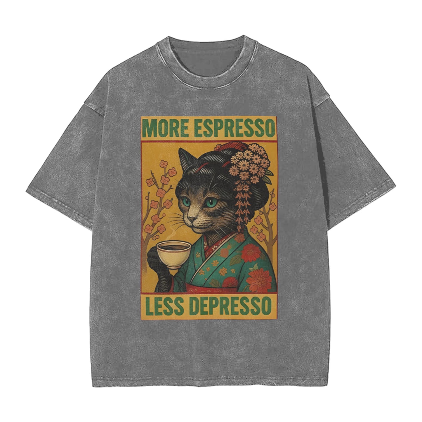 Osaka Lion Geisha Cat Drinking Coffee Washed T-Shirt