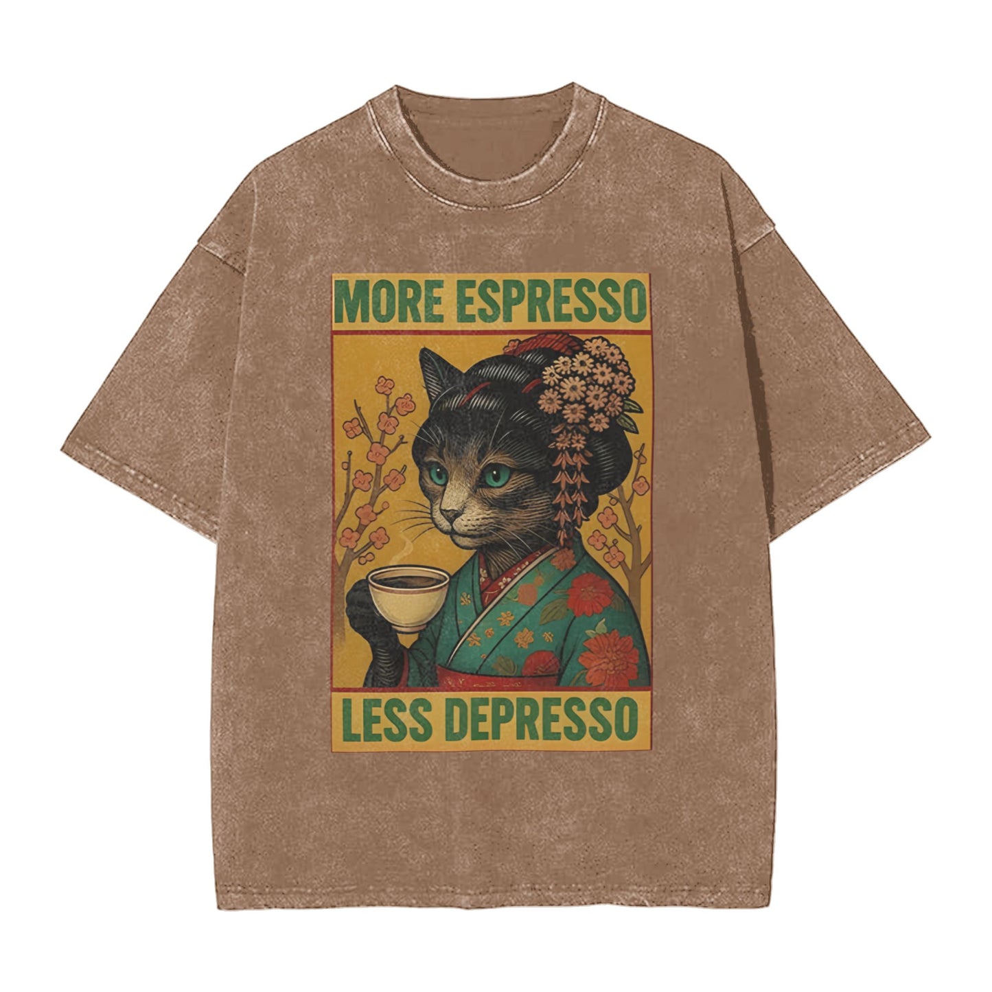 Osaka Lion Geisha Cat Drinking Coffee Washed T-Shirt