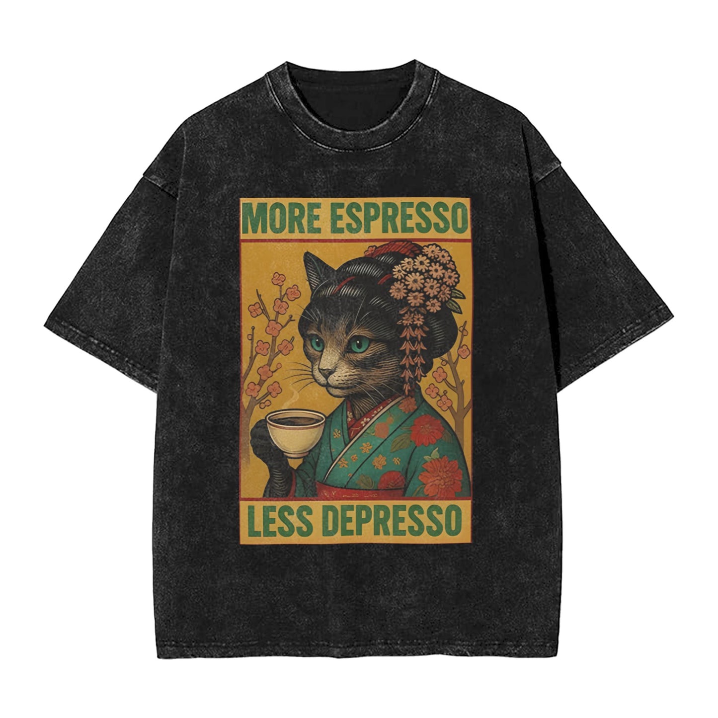 Osaka Lion Geisha Cat Drinking Coffee Washed T-Shirt