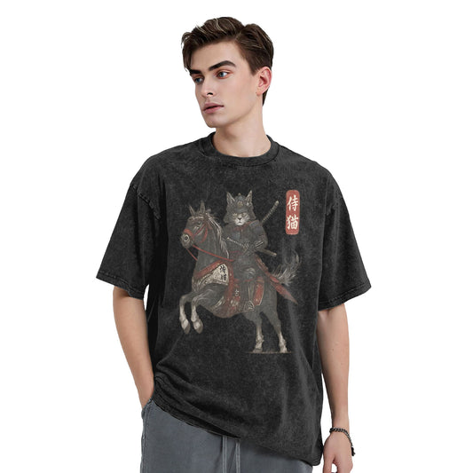Osaka Lion Cat Samurai Riding A Horse Washed T-Shirt