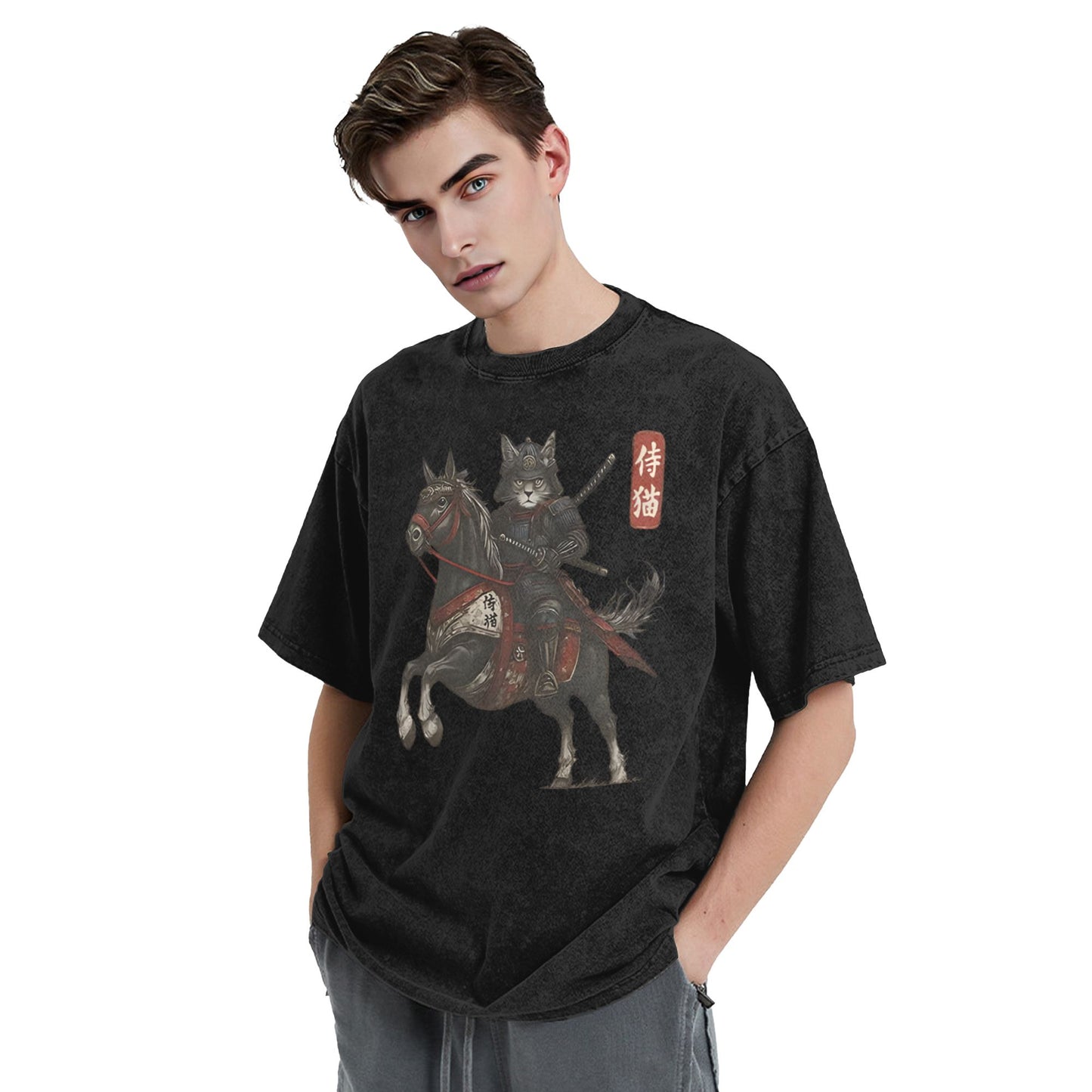 Osaka Lion Cat Samurai Riding A Horse Washed T-Shirt