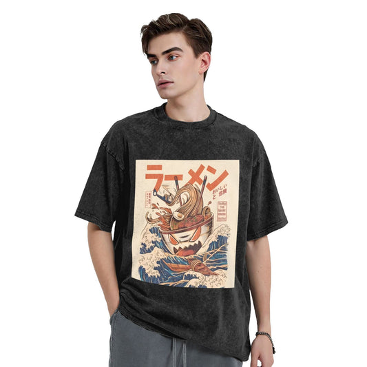 Osaka Lion Ramen Kaiju With Great Wave Washed T-Shirt