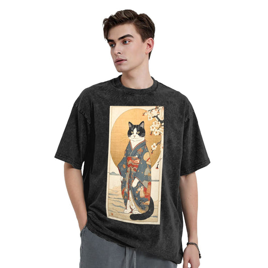Osaka Lion Cat And Kimono Washed T-Shirt