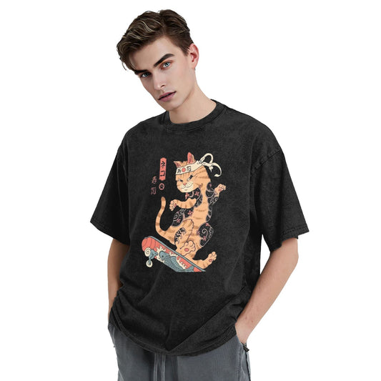 Osaka Lion Cat And Skateboard Washed T-Shirt