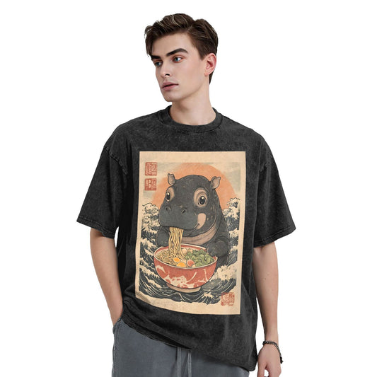 Osaka Lion Moo Deng Eat Ramen Washed T-Shirt