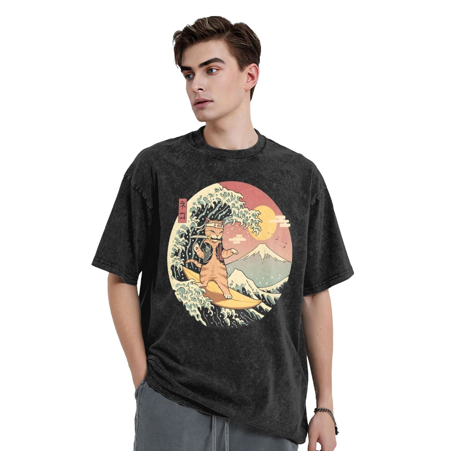 Osaka Lion Great Wave And Cat Washed T-Shirt