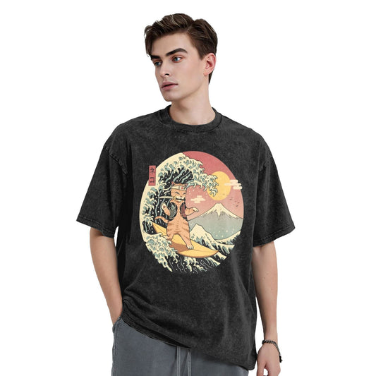 Osaka Lion Great Wave And Cat Washed T-Shirt