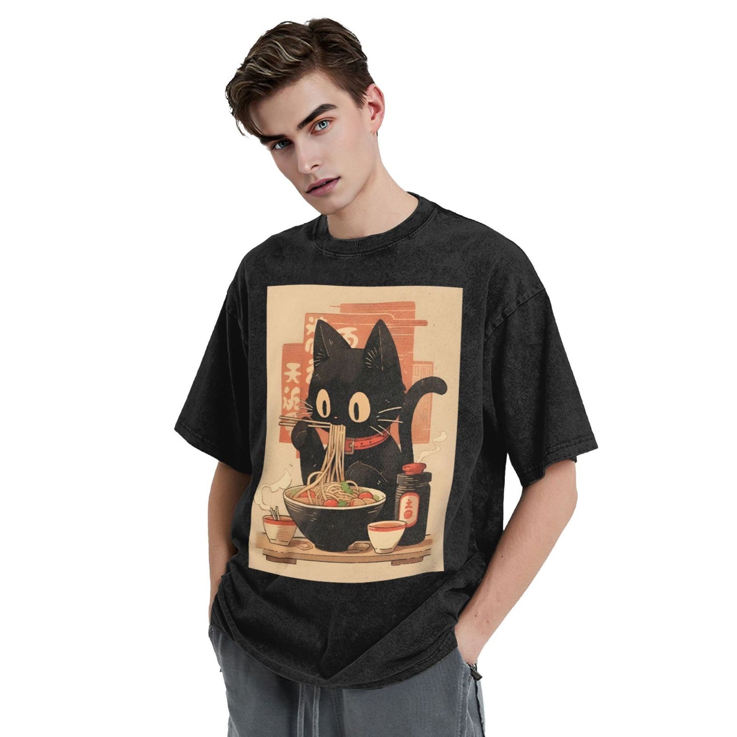 Osaka Lion Eat Ramen Cat Second Washed T-Shirt
