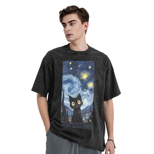 Osaka Lion Starry Night And Cat Washed T-Shirt