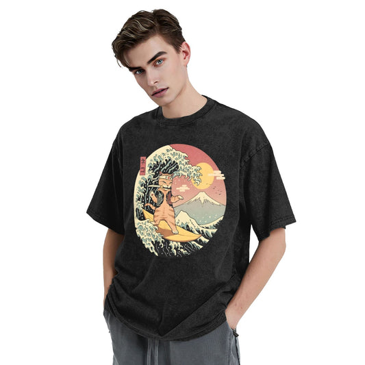 Osaka Lion Great Wave And Cat Washed T-Shirt