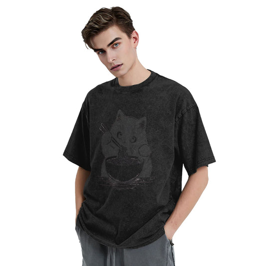 Osaka Lion Eat Ramen Cat Fifth Washed T-Shirt