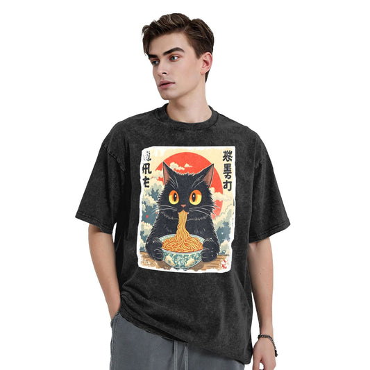 Osaka Lion Eat Ramen Cat Fourth Washed T-Shirt