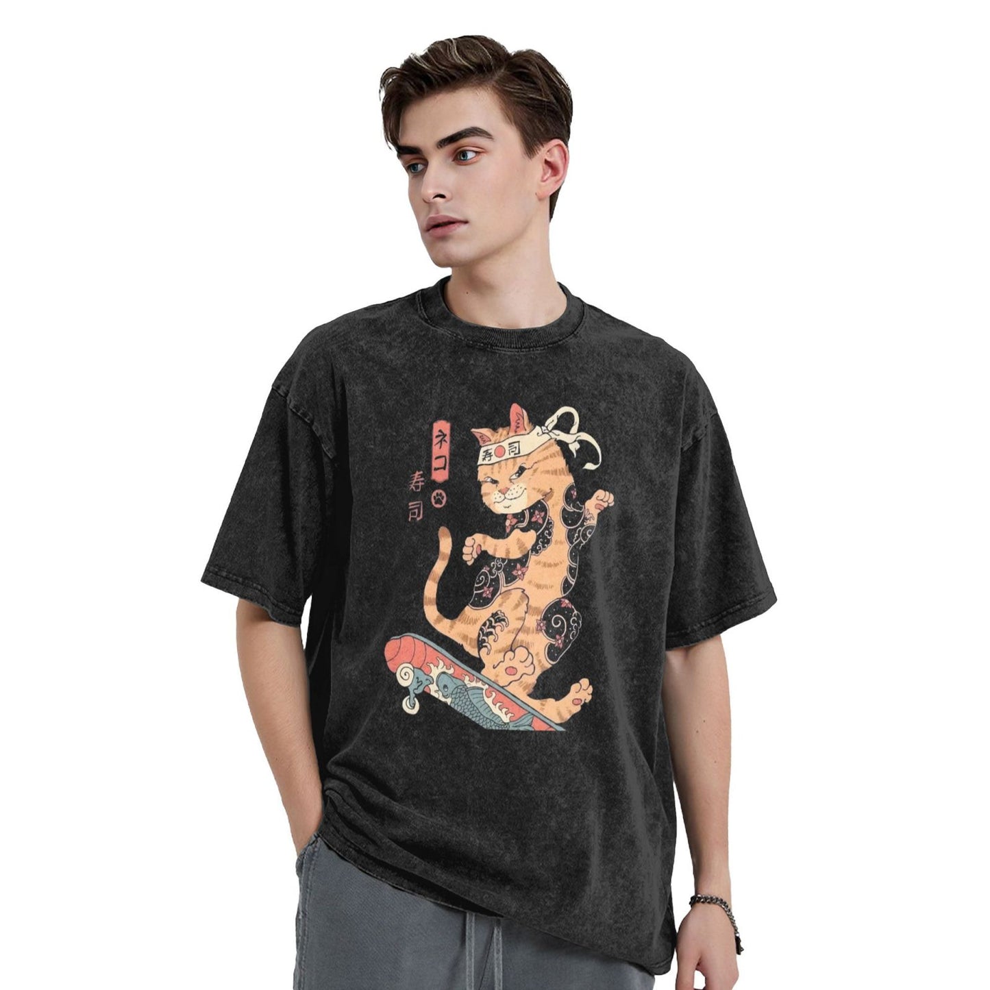 Osaka Lion Cat And Skateboard Washed T-Shirt