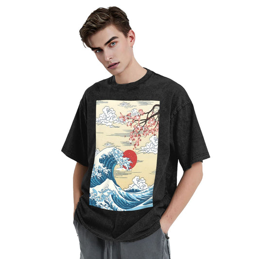 Osaka Lion Kanagawa Waves And Flowers Washed T-Shirt