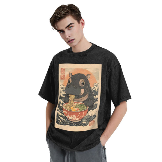 Osaka Lion Moo Deng Eat Ramen Washed T-Shirt