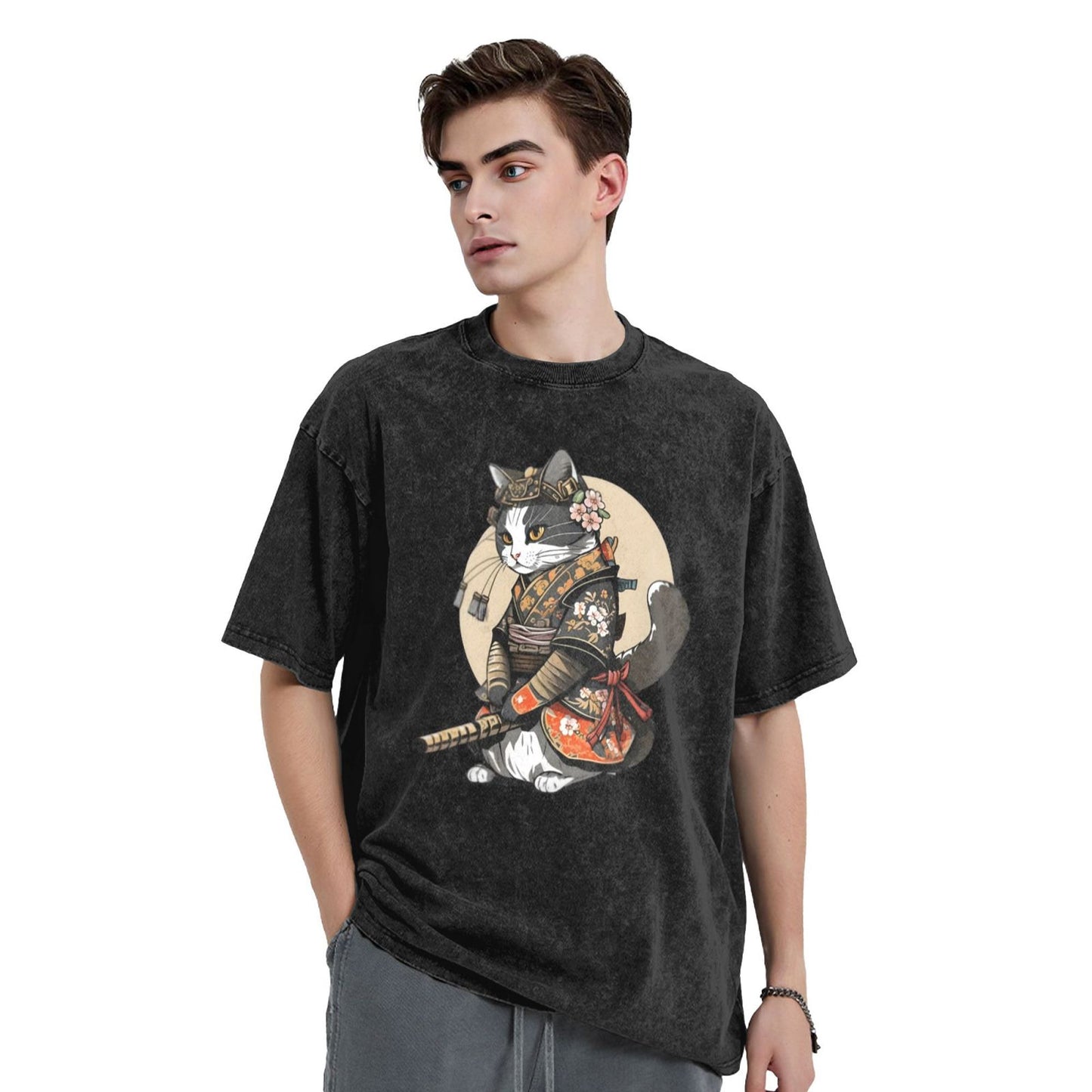Osaka Lion Beautiful Cat Samurai Washed T-Shirt