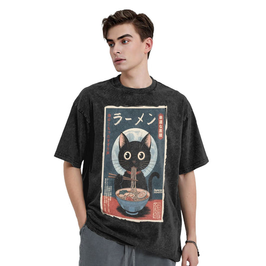 Osaka Lion Eat Ramen Cat Third Washed T-Shirt